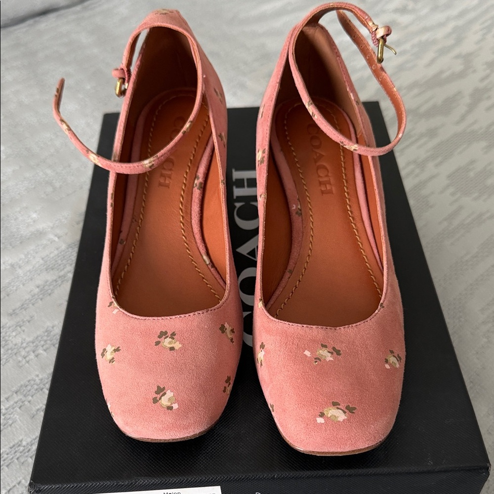 Coach 45MM ankle strap suede floral kitten heels